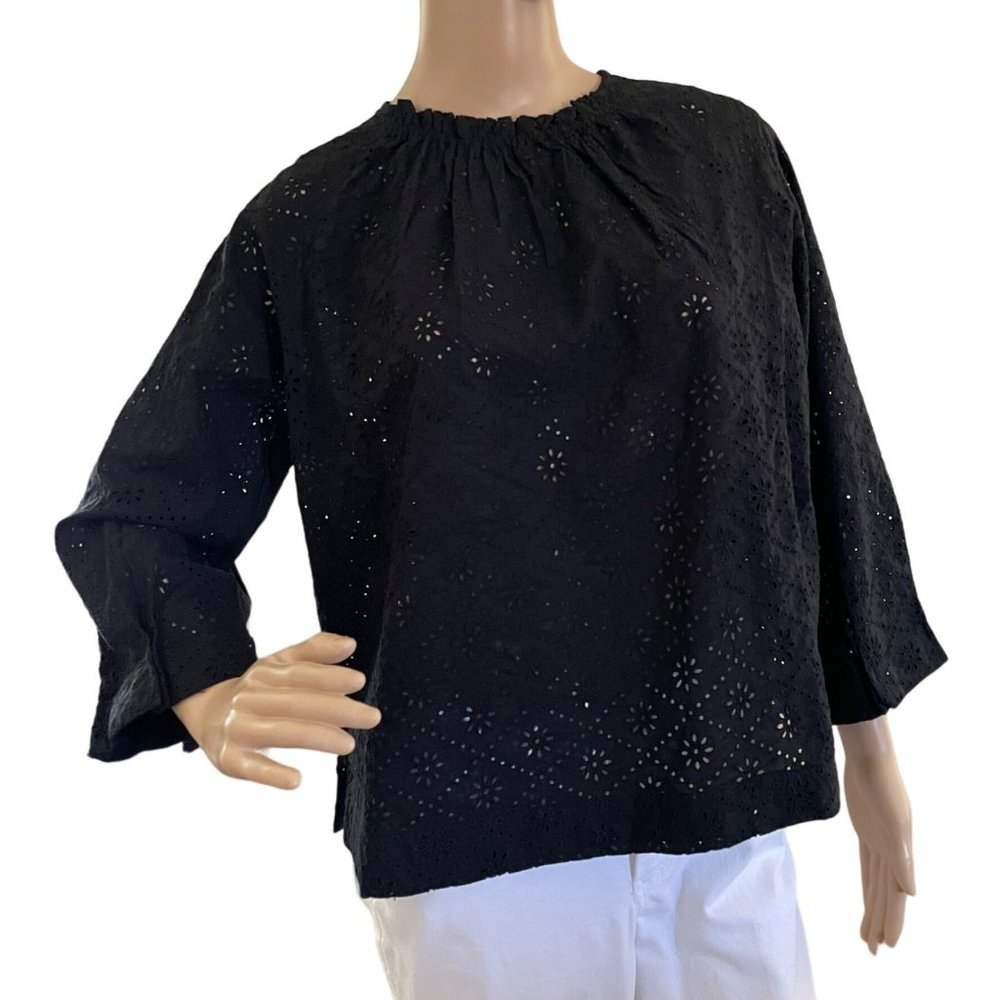 Gap Black Eyelet Cotton Blouse for Women Sz XS New 3/4 Length Sleeve